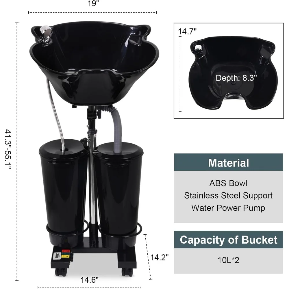 Unidad de cuenco de champú portátil recargable con bomba eléctrica y pulverizador, cuenco de lavado portátil para peluquero, 2 tanques