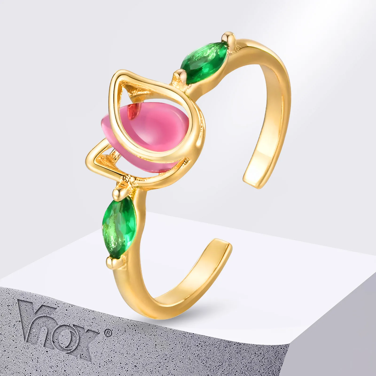 Vnox Copper Material Tulip Flower Open Rings Red Or White Stone Inlay Adjustable Aesthetic Rings Jewelry Wedding Gifts