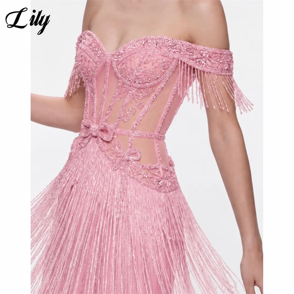 Lily Pink Prom Dresses Off Shoulder Tassel Mermaid Formal Dress Beaded Bodice Evening Dresses Floor Length 프롬 드레스 Customized