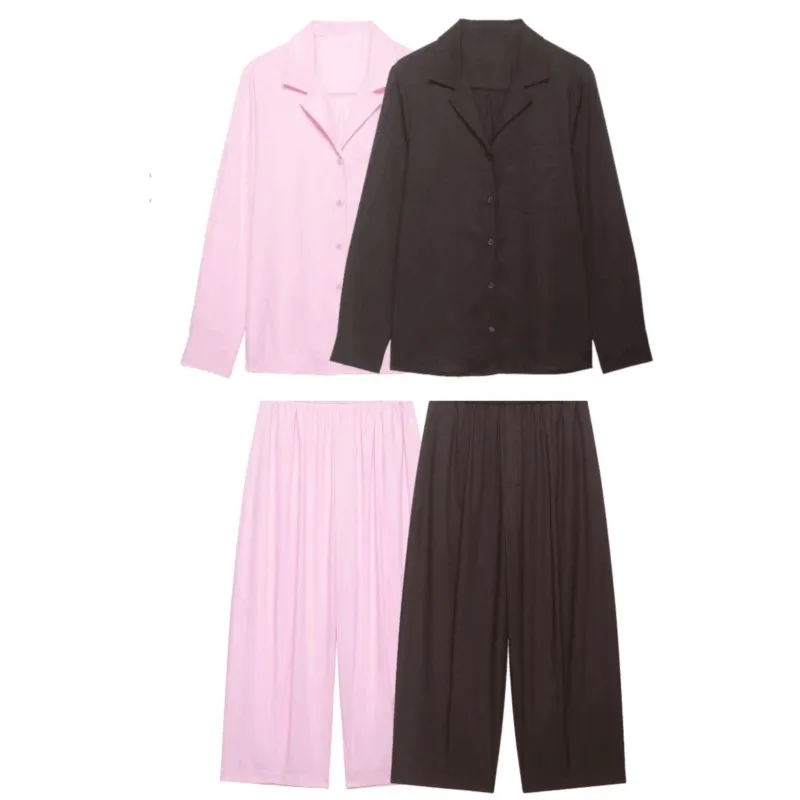 Women's Wide Leg Pants Sets Spring Casual Long Sleeve Pockets Decoration Shirts Loose Elastic Waist Pants Fashion 2 Piece Set