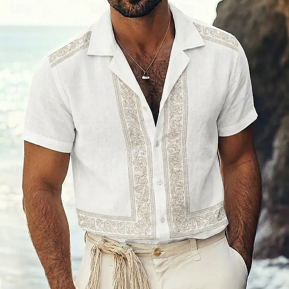 Camisa Guayabera de Manga Corta Retro Vintage para Hombre, Estampado Floral Intrincado Étnico en 3D, Tops Casuales para el Día a Día, Azul para Primavera Verano
