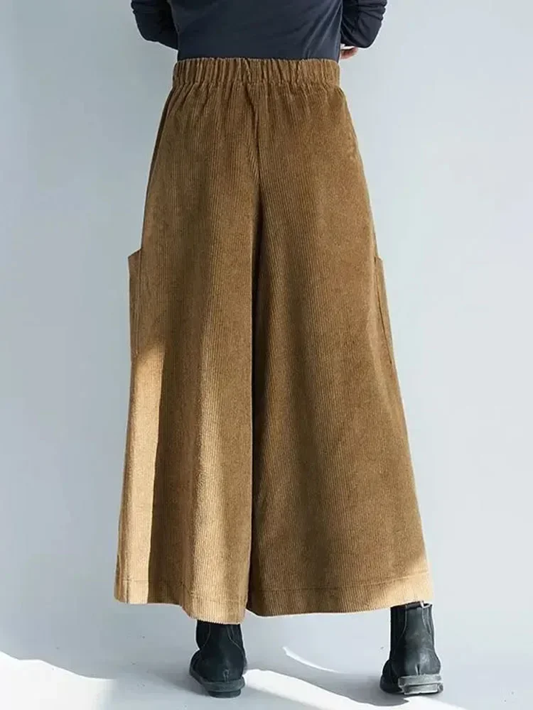 

Vintage Corduroy Baggy Culottes Women Elastic High Waist Wide Leg Pants Oversize Fall Elegant Pantskirt Mother Ankle Length Z375