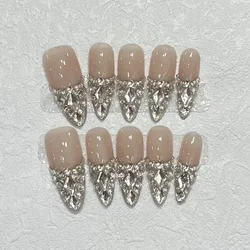 10Pcs Long Almond Handmade Press on Nails Fake Nails with Rhinestone Wearable Stick-on Nails False Nail Накладные Ногти Uñas