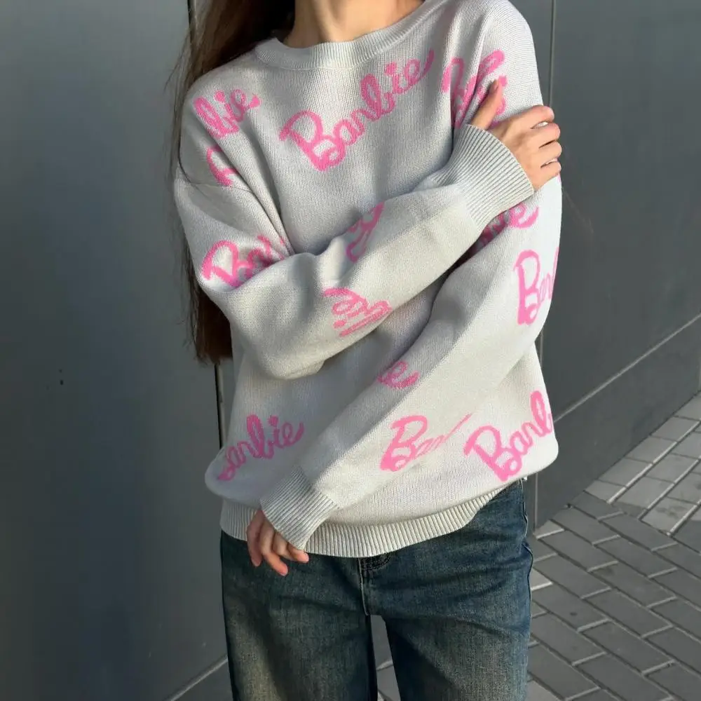 Cute Hot Girls Barbie Knitting Sweater Cartoon Anime Long Sleeves O-Collar Tops Winter Spring Student Soft Loose Leisure Tops