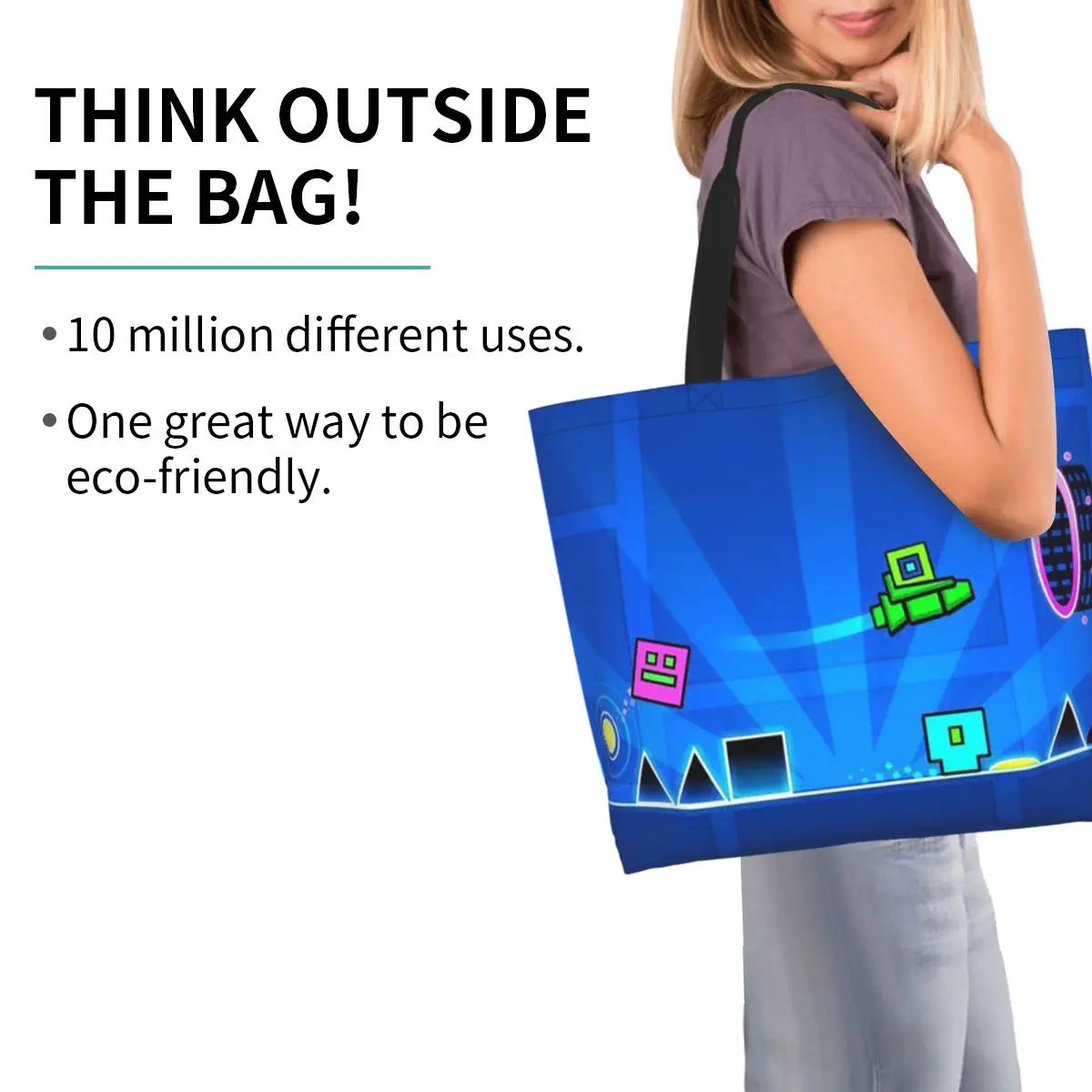 Video Game Geometry Dash Shopping Tote Bag Canvas Large Capacity Shoulder Bags Shopper Grocery Handbag for Women