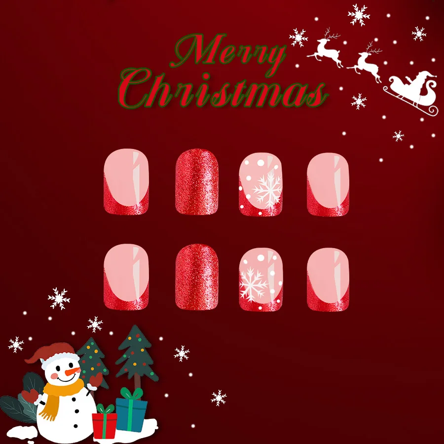 Uñas postizas ovaladas cortas para mujer y niña, 24 piezas, copos de nieve brillantes de Navidad, rojo brillante, manicura francesa usable