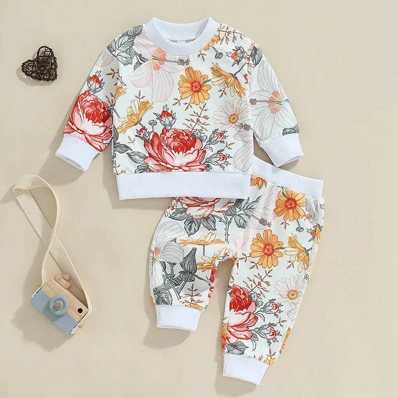 2024-05-23 Lioraitiin Toddler Girls Fall Outfits Floral Print Long Sleeve Sweatshirt and Elastic Sweatpants Set Baby Clothes