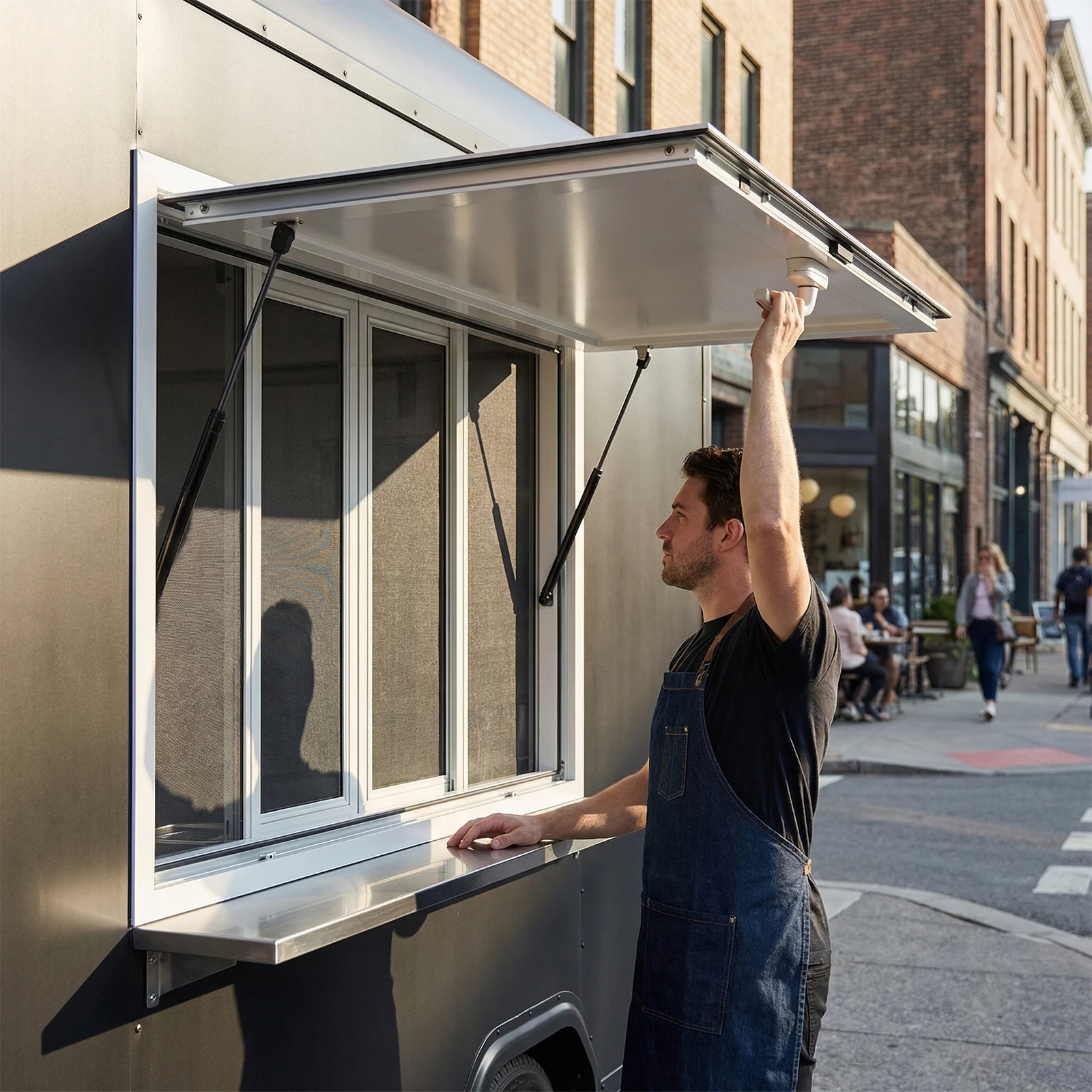 

Food Truck Serving Window, 45x30 Inch Concession Window with Awning, 4 Horizontal Sliding Screens for RV Food Van with Tow Hook