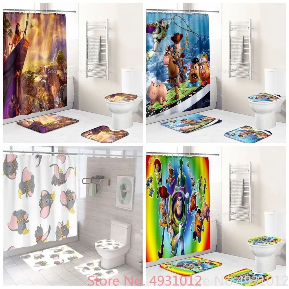 2024 Anime Cartoon Lion King Simba Dumbo Toy Story Woody Bath Shower Curtain 4pcs Bathroom Toilet Mat Lid Rug Curtain Set