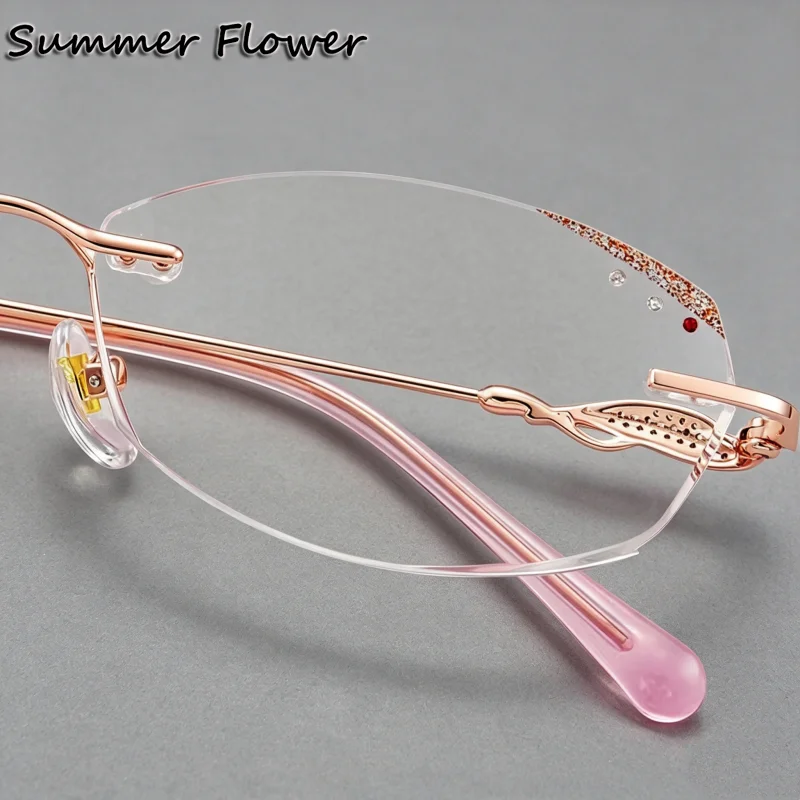

Women Eyeglasses Titanium Alloy Diamond Rimless Frame Glitter Lens Edge Spectacle Frames Stones Customize Clear Glass