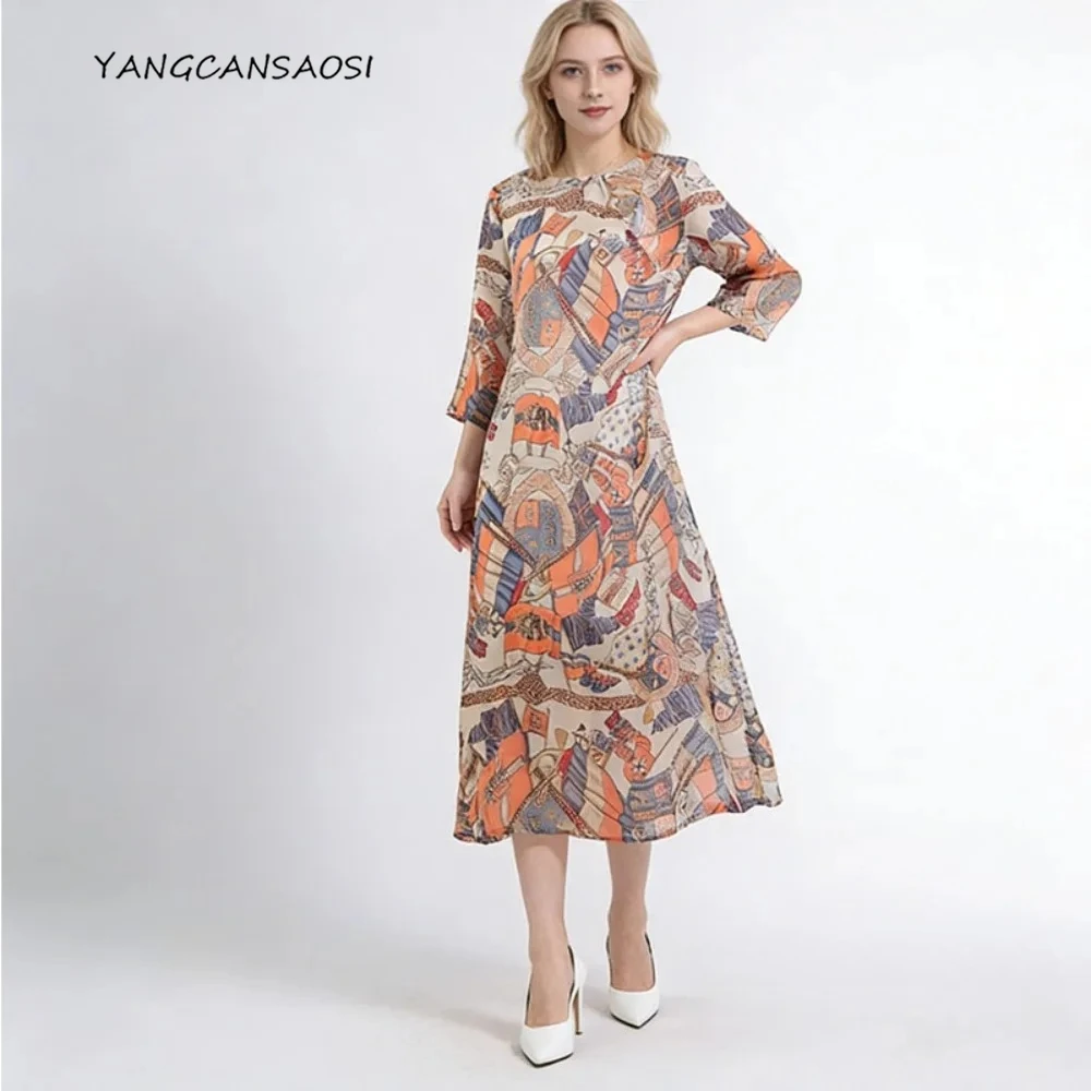 Ropa nueva de primavera/verano para mujer, 100% de Organza de seda de morera Natural, cuello redondo, manga tres cuartos, vestido estampado de dibujos animados