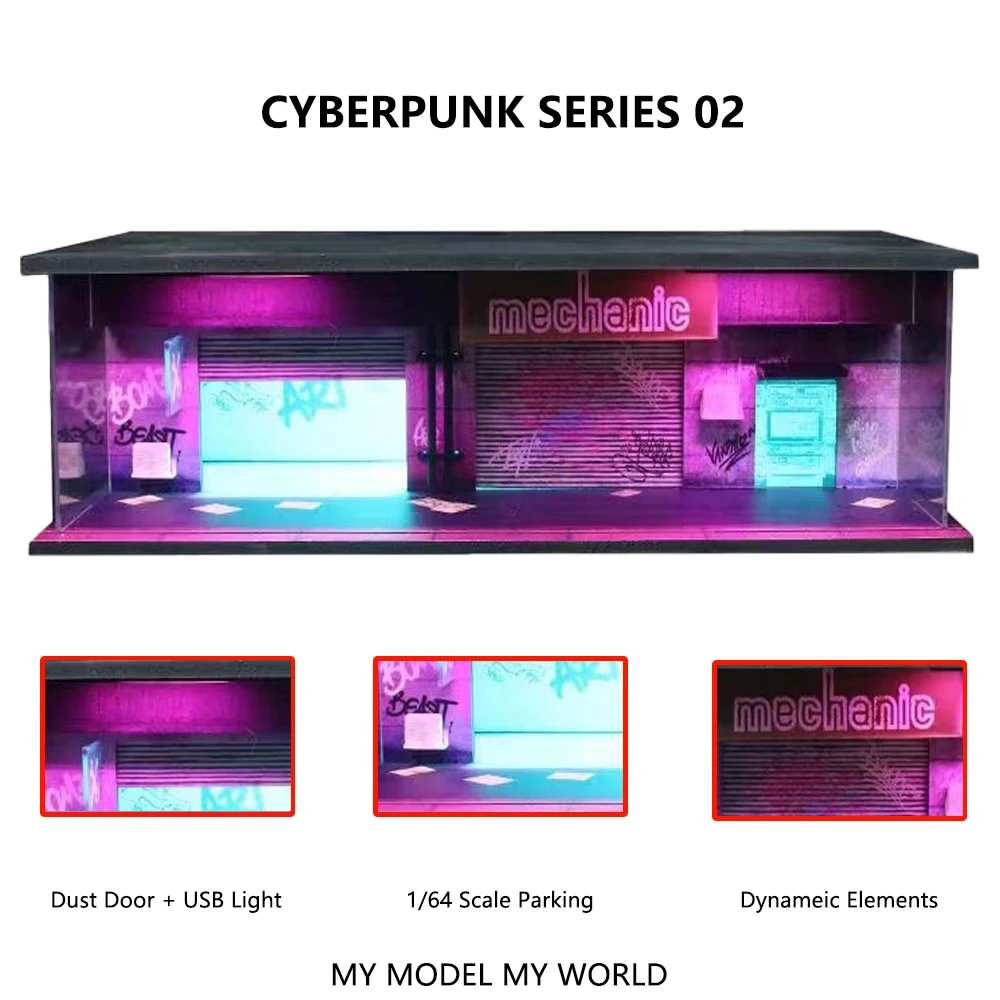 Cyberpunk سلسلة سيارة المرآب نموذج 1:64 مقياس Diorama سيارة المرآب نموذج مع أضواء LED وقوف السيارات الكثير مدينة لتقوم بها بنفسك نموذج مجموعات جمع #3