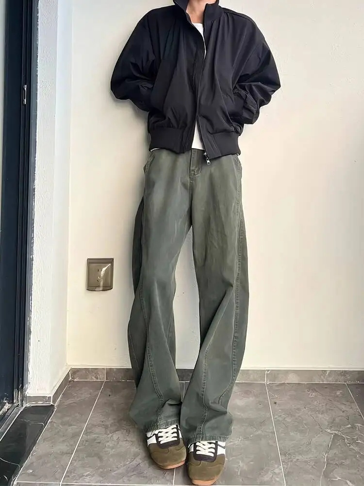 

High Waist Wide Leg Pants Men's Suit Pants Autumn Jeans Military GreenCargo Pants Retro Style Cleanfit Denim Trousers