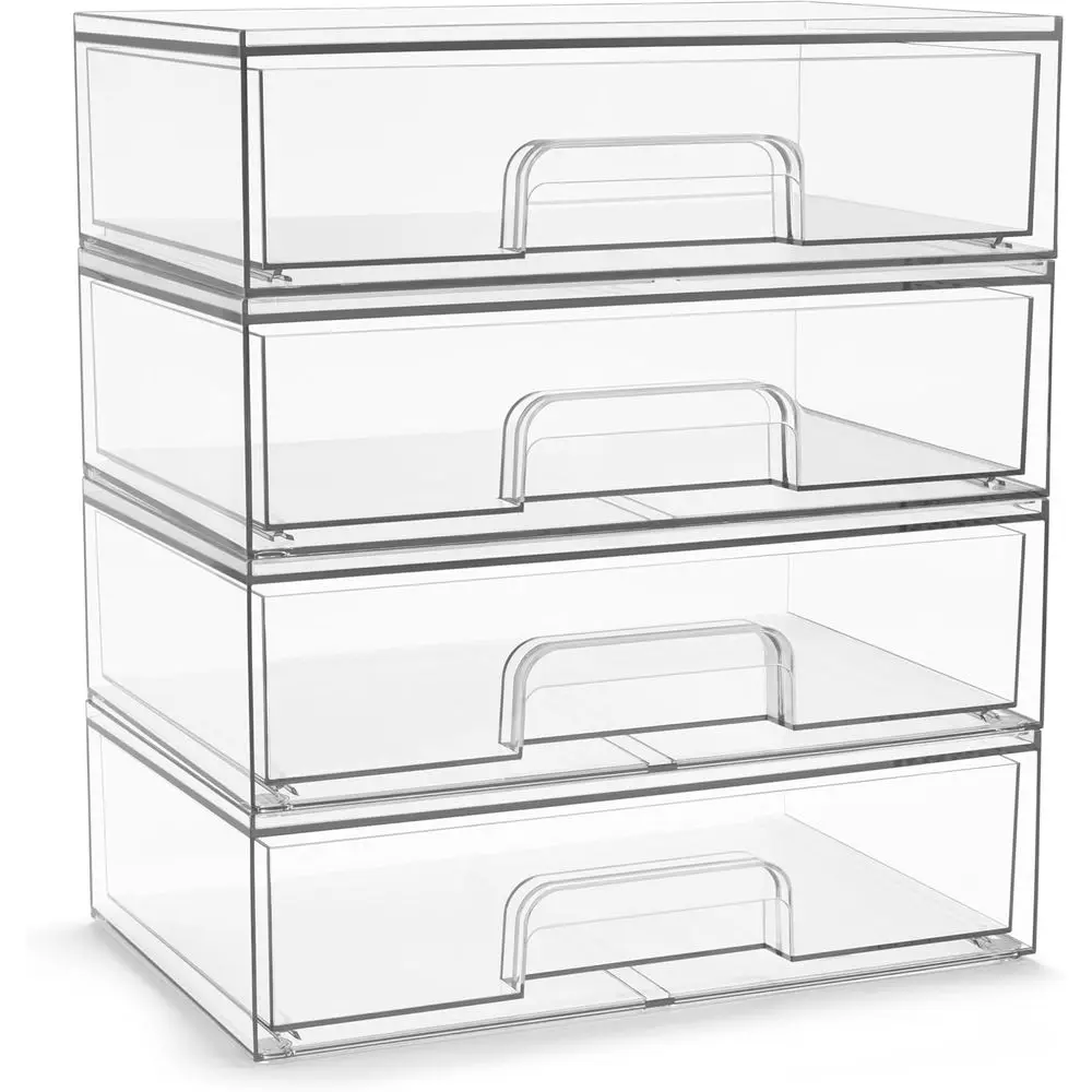 

Набор из 4 штабелируемых контейнеров для хранения для организации пространства в ванной комнате - Прозрачные акриловые органайзеры для ящиков - Выдвижные ящики для косметики (12,1 дюйма шириной)