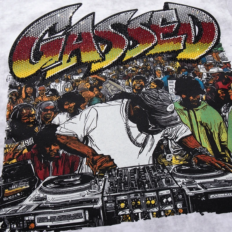 Weißes Acid Wash T-Shirt für Herren mit Strass-DJ-Konzert-Grafik Übergroßes Grunge Baumwoll-Sommer-Y2K-Streetwear-T-Shirt im Vintage-Stil – Detail 6