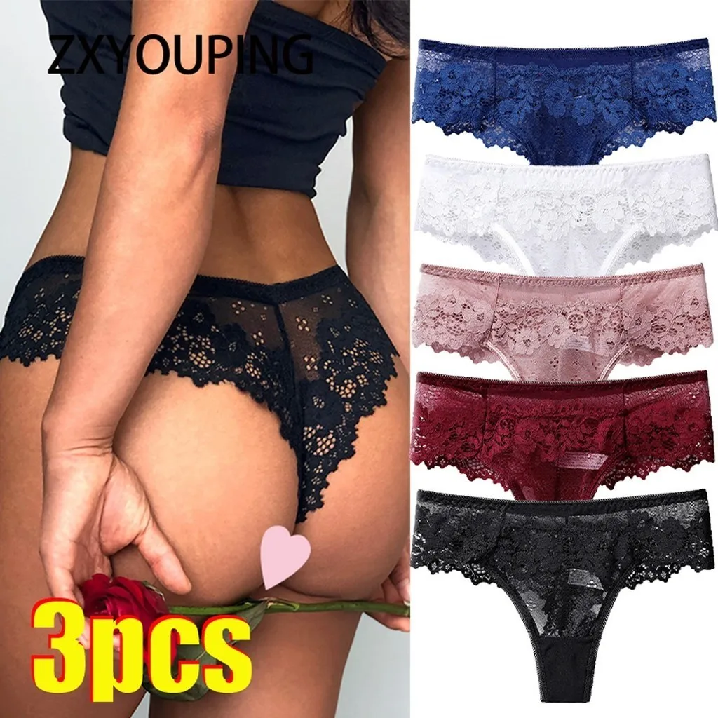 

3pcs Women Thong Set Mid Waist Lace Thong Sexy G String T Back Seamless Underwear