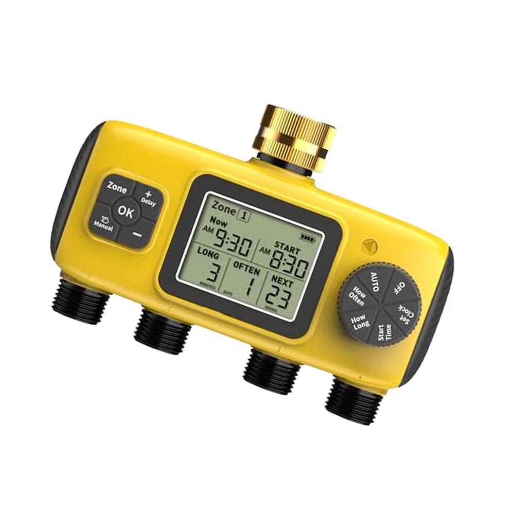 Garden Water Controller 4 for zone Hose Timer Brass Inlet Construction IP65 Weather Resistant 3.4 Inch LCD Screen Irrigation