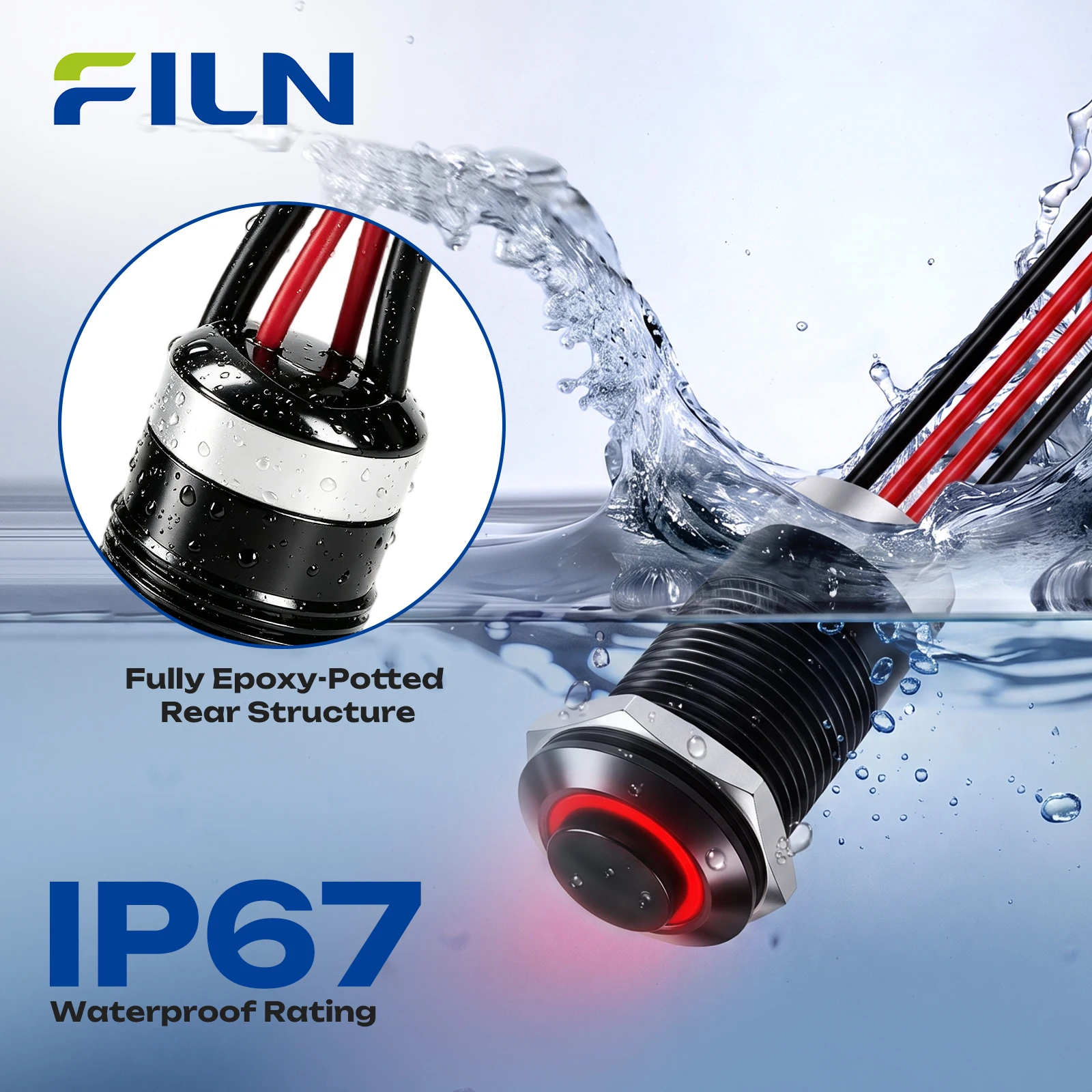 FILN 12mm 12V 24V High Head Metal Push Button Switch IP67 Waterproof 8A Epoxy Potted LED Light Switch for Marine Boat Car