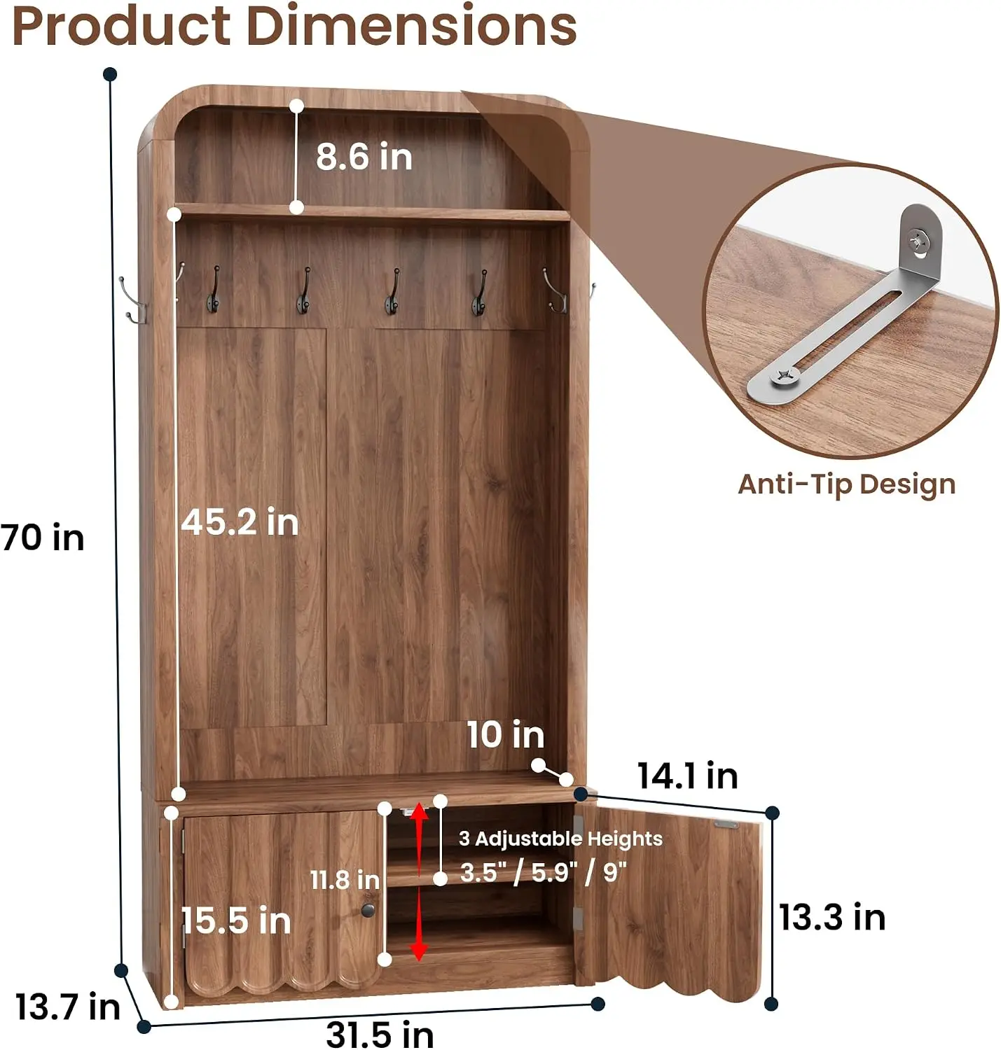 Narrow Hall Tree Entryway Bench Coat Rack With Shoe Storage Cabinet, Arched Mudroom Organizer With Eight Hanging Hooks, Modern Fluted Wooden Accent Tower For Foyer Living Room, Walnut, 1 Pack