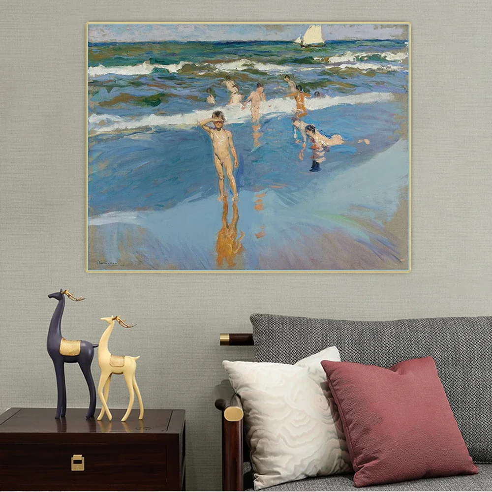 Citon Joaquin Sorolla 《niños en el mar, playa de Valencia", pintura al óleo artística en lienzo, cuadro decorativo, decoración de pared, decoración del hogar