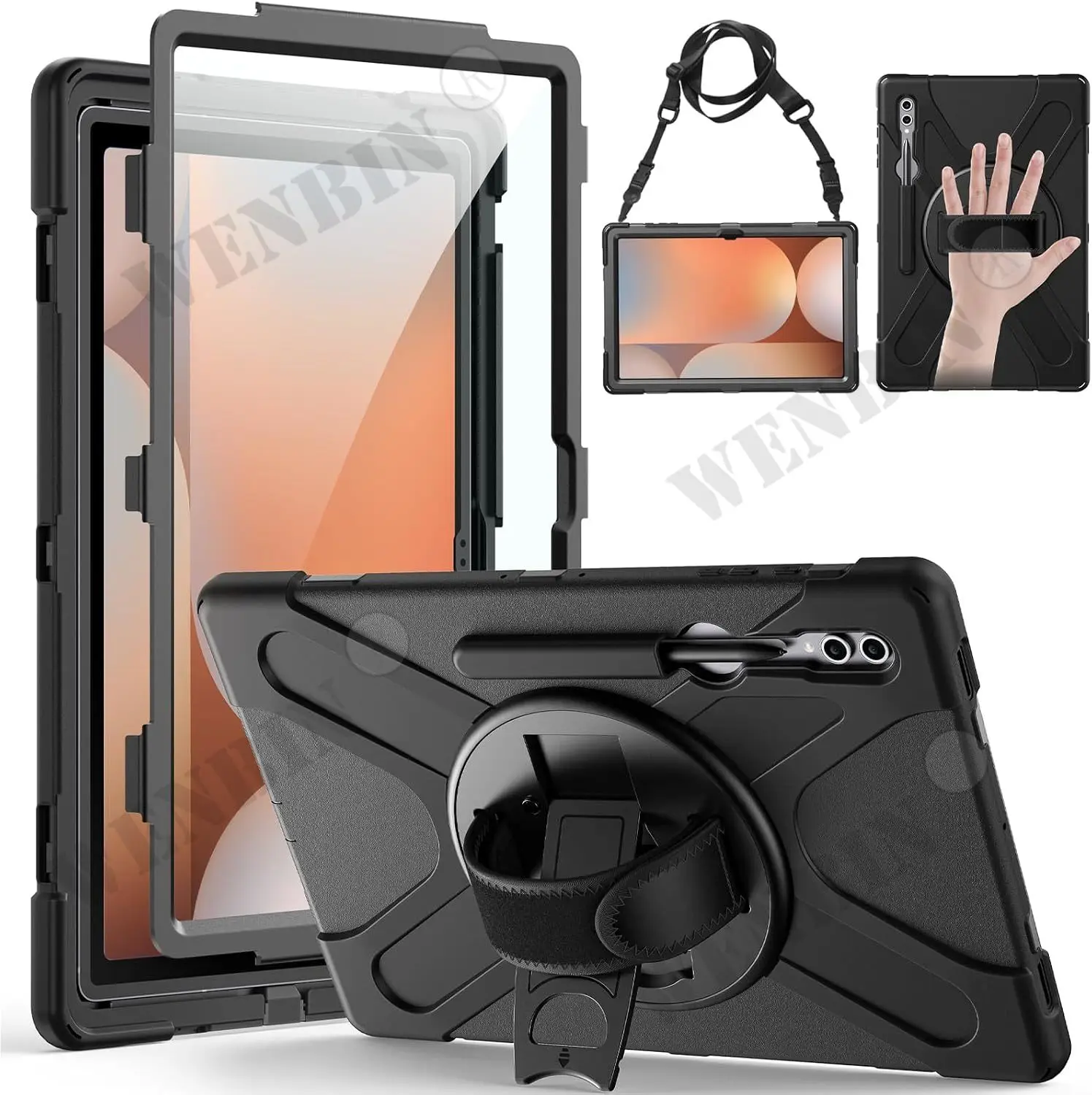 Case For Samsung Tab S10 Ultra S9/S8 UltraTablet Heavy Duty Shockproof Protective Rotating Stand Hand Strap Holder Case Fundas