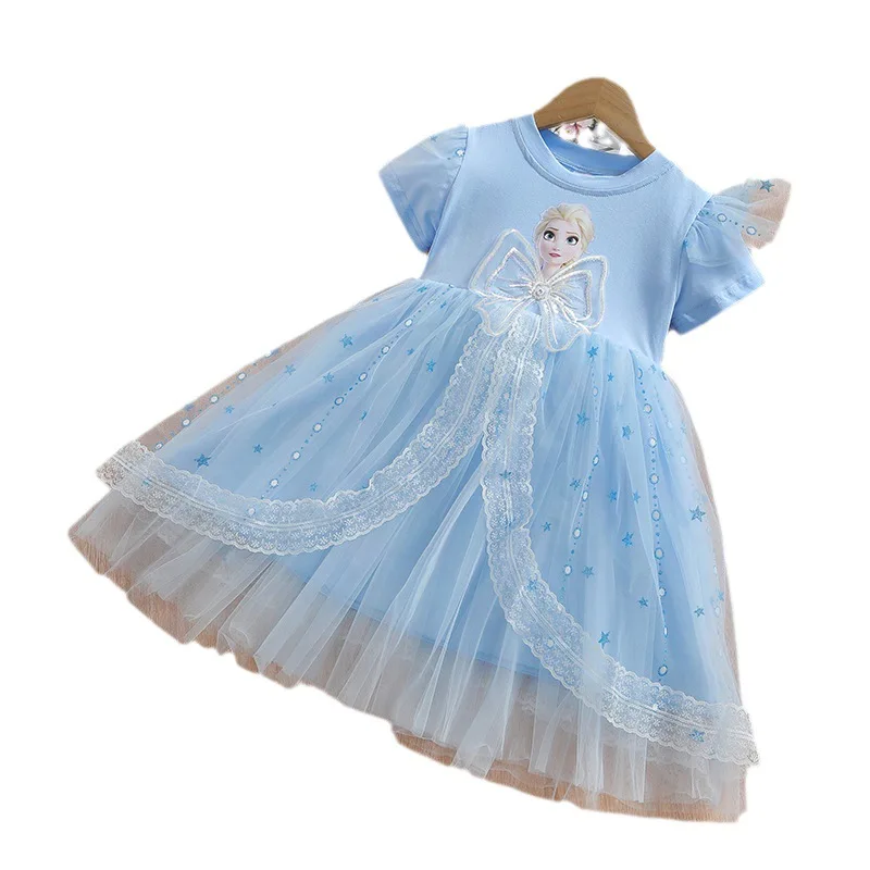 2024 New Girls Clothes Summer Flying Sleeve Kids Dress Party Baby Dresses for Children Clothing Frozen Elsa Princess Dresses