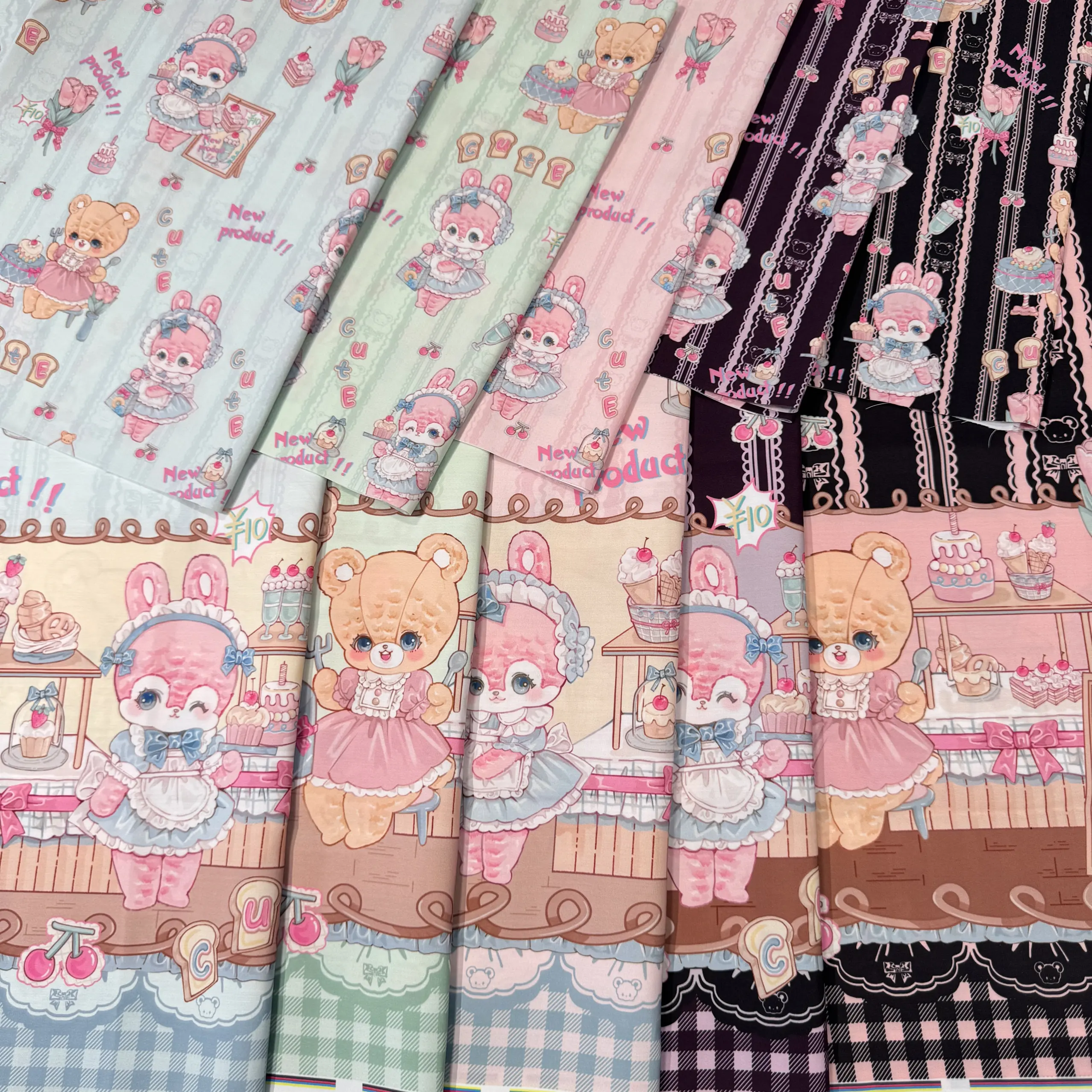 Two-Way Placement Print Fabric “Bunny Dessert Parlor” - For Lolita JSK Children‘s Dresses & BJD Doll Clothing,1meters