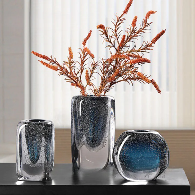 Modern Nordic blue thickened glass vase crystal bubble creative Internet celebrity transparent glass flower ware living room orn
