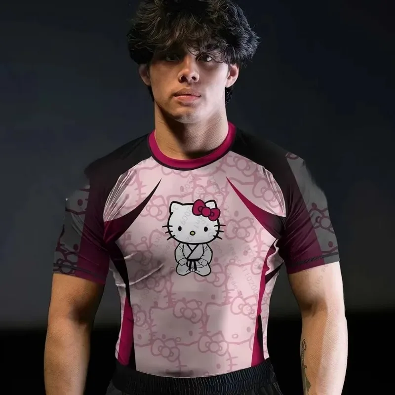 Camiseta de Verão 2026 Casual Esportiva Justa para Presente Anime Fitness Academia Gato Jiu Jitsu Rash Guard Respirável Adulto e Infantil