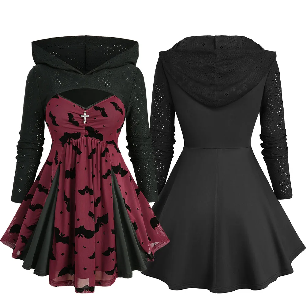 

ROSEGAL женские блузки больших размеров с изображением летучей мыши, луны, звезды, флокированные лоскутные топы с крестом Pointelle, жаккардовые топы с длинными рукавами и капюшоном