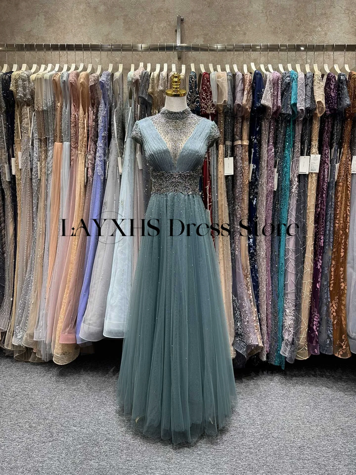 

Customize High Neck Beaded Wedding Party Dress A Line Short Sleeve Illusion Saudi Arabic Evening Dresses Sequin Flower Prom Gown