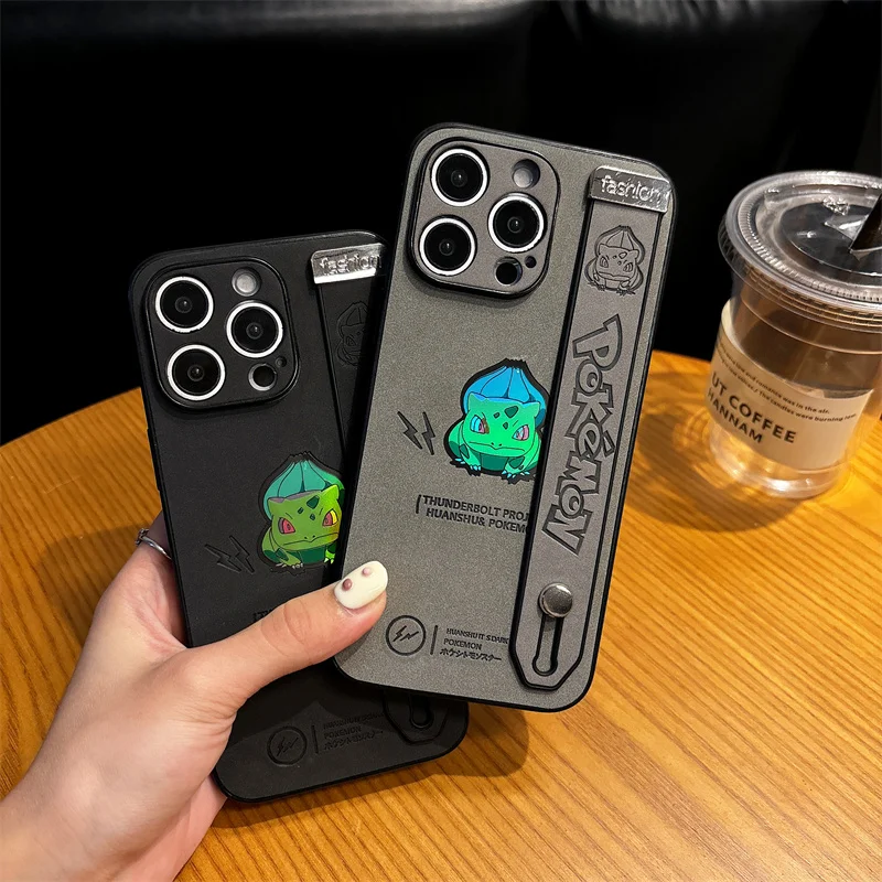 3D Anime Cute B-Bulbasaur P-Pokemon Suede Soft Leather Wrist Strap Stand Case For iPhone 13 12 11 14 15 16Pro Max Anti-fur Cover