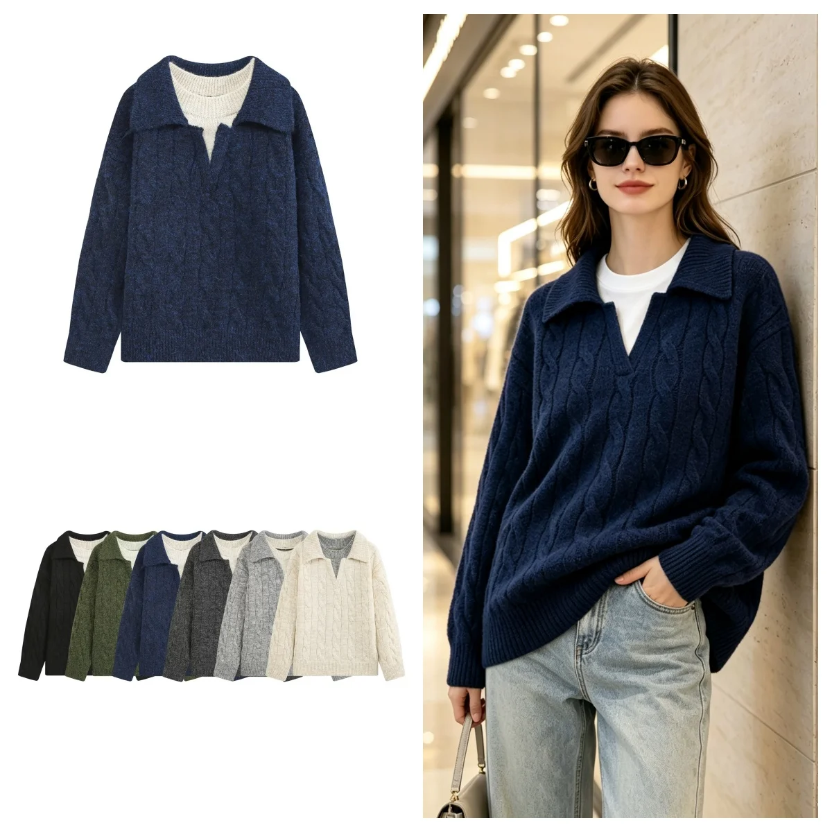 Women's Sweater Top 2026 Autumn New Fashion Casual Multi-Color Long-Sleeve Knitted Polo Sweater Elegant Vacation Style
