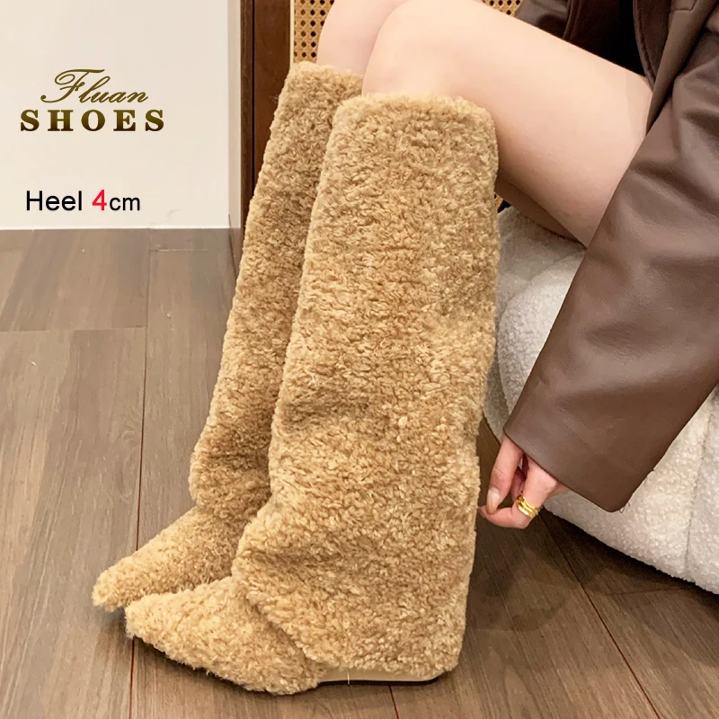 

Faux Wool Pointy High Boots Fashion Woman Shoes 4CM Wedges Heel Female Autumn Winter Turned-Over Edge Fuzzy Fluffy Tall Boots
