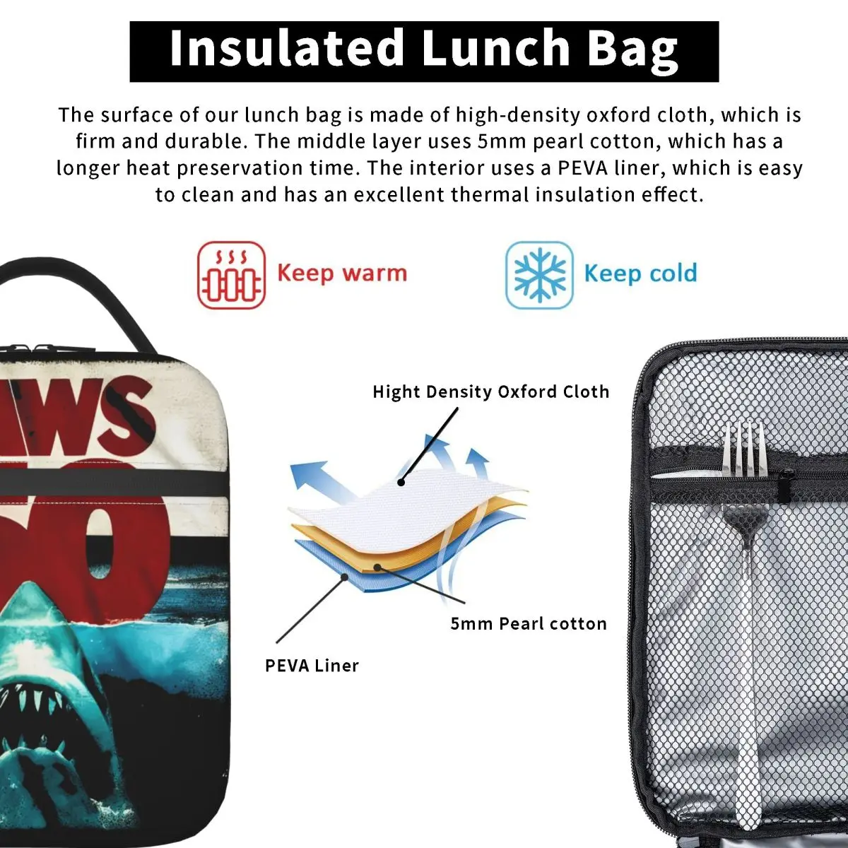 Jaws 50 주년 기념 로고 점심 가방 재미 있은 도시락 상자 사무실 여성을위한 휴대용 열 점심 가방 방수 맞춤형 쿨러 가방