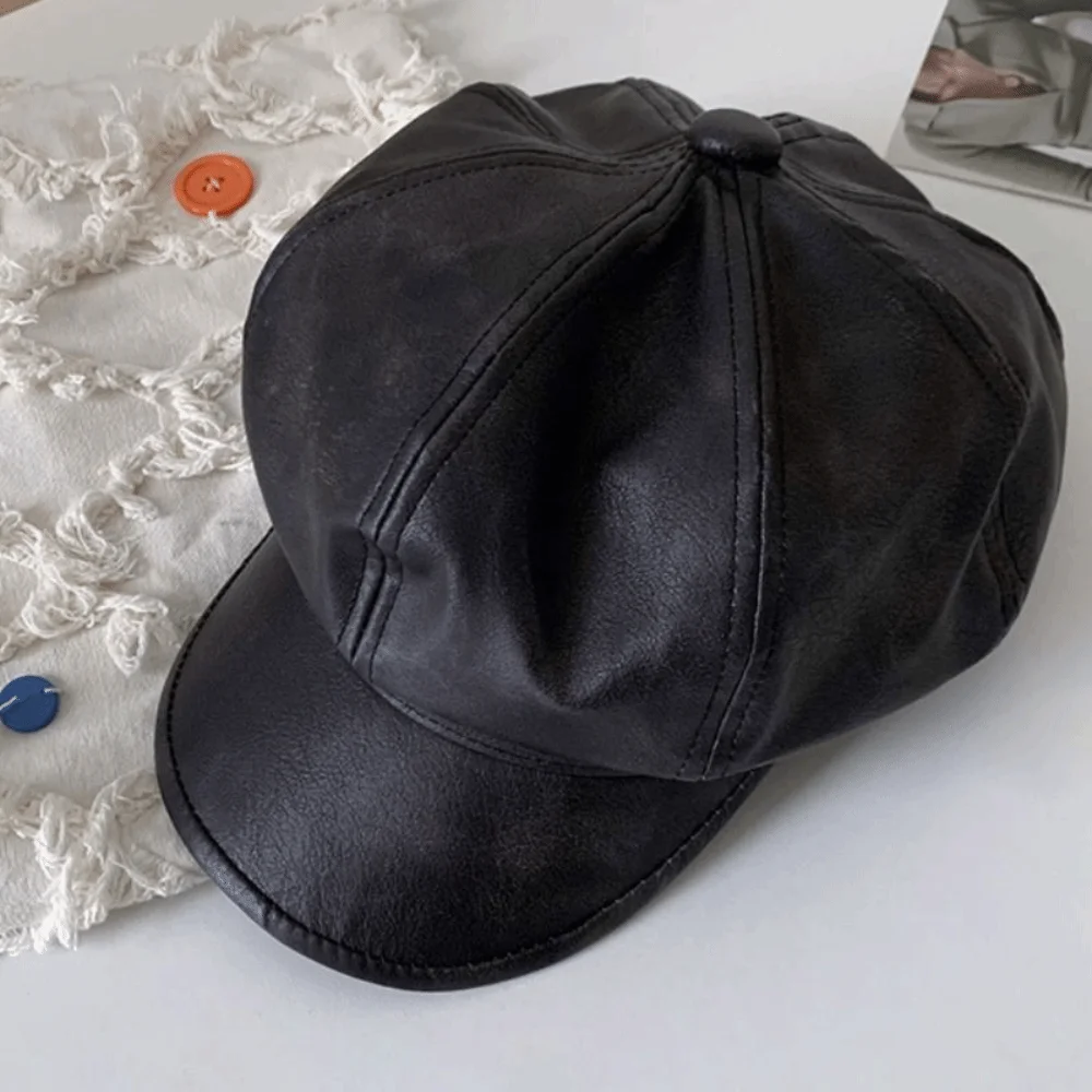 

Retro British Style Pu Leather Beret Autumn Winter Casual Women's Beret Octagonal Cap Black Brown Artist Cap Streetwear