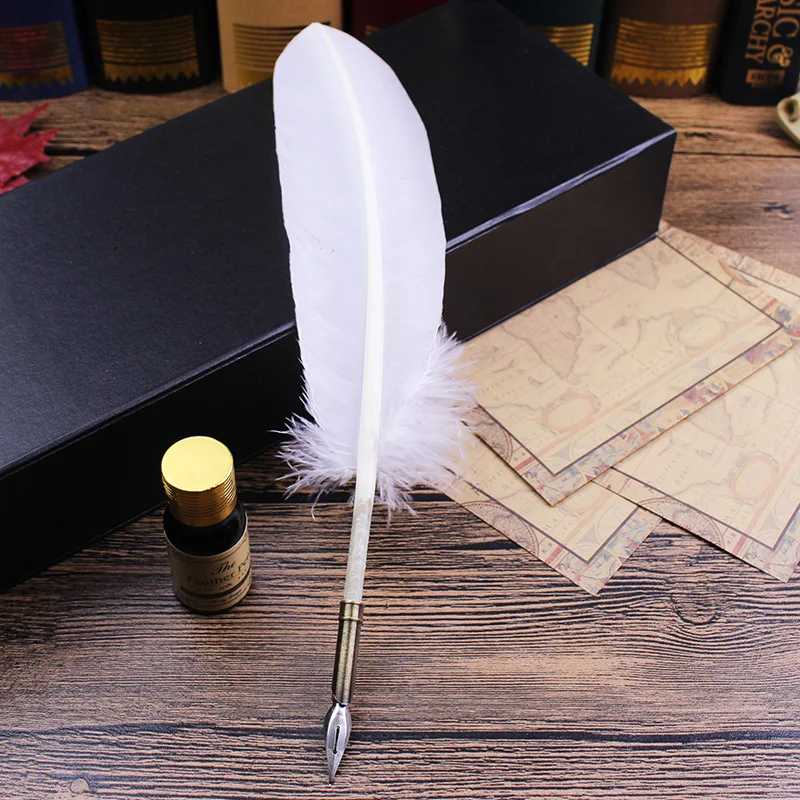 1 Set Retro Quill Dip Pen Turquia White Feather Pen Presente Escrita Ferramentas Office School Supply Presente de Aniversário