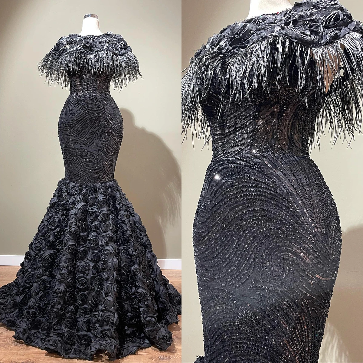 Exquisite Black Mermaid Gown Wedding Dresses Flowers Pattern Lace Bridal Gowns Sleeveless Big Size Custom Size Colour