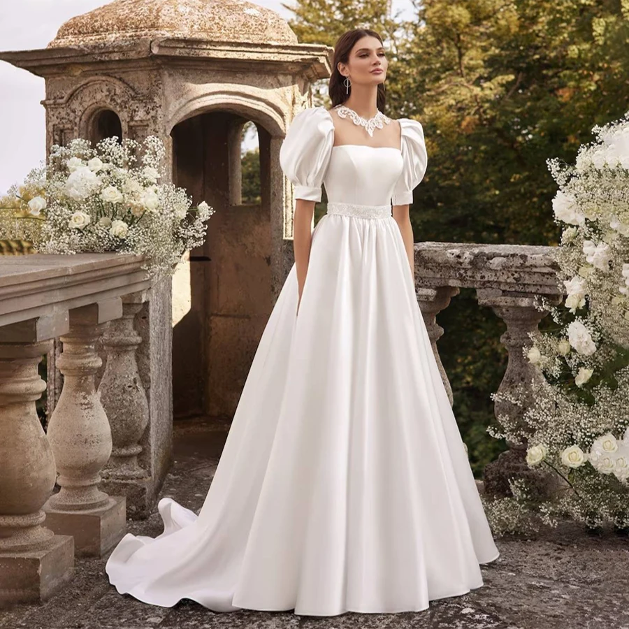 

Customized O-Neck Short Sleeve Wedding Dress A-Line Back See Through Buttons Wedding Gowns vestidos de boda para fiestas