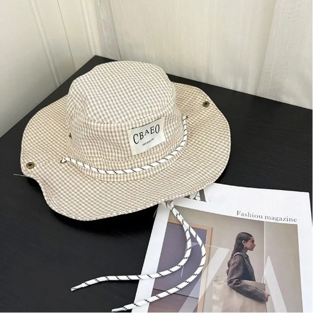 

New Letter Patch Drawstring Bucket Hats Sun Protection Large Brim Fisherman Hat Uv Protection Sun Hat Outdoor