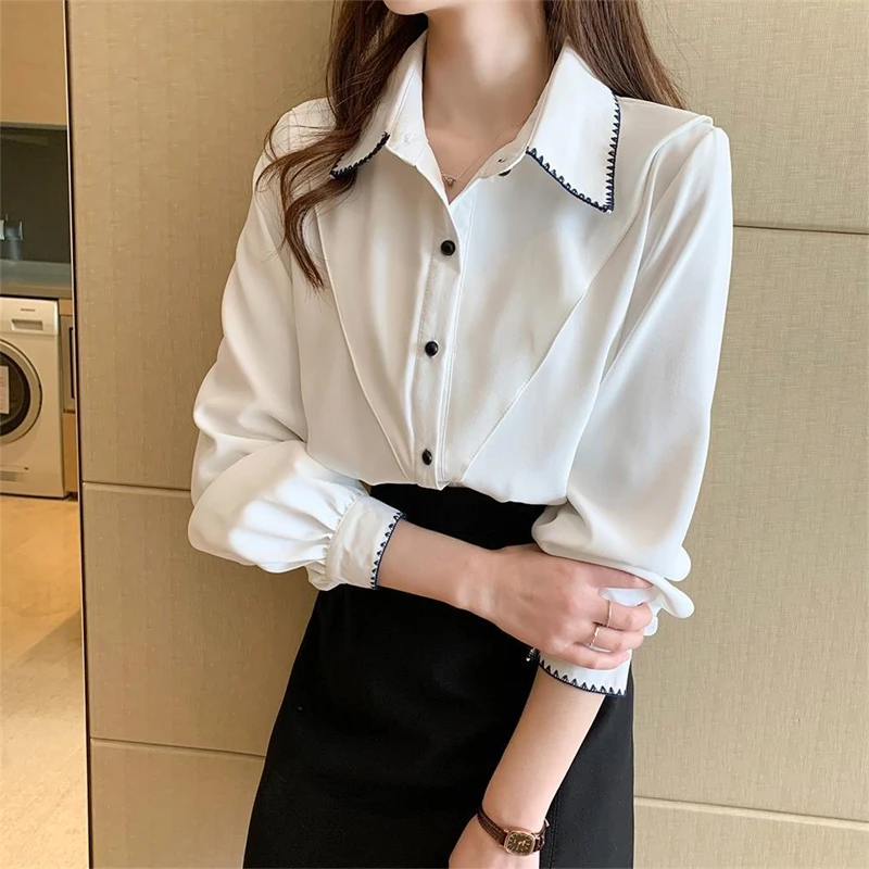 Women\'s Stylish Turn Down Collar Embroidered Design Shirt Office Lady Elegant Commute Blouse Solid Long Sleeve Loose Chic Tops