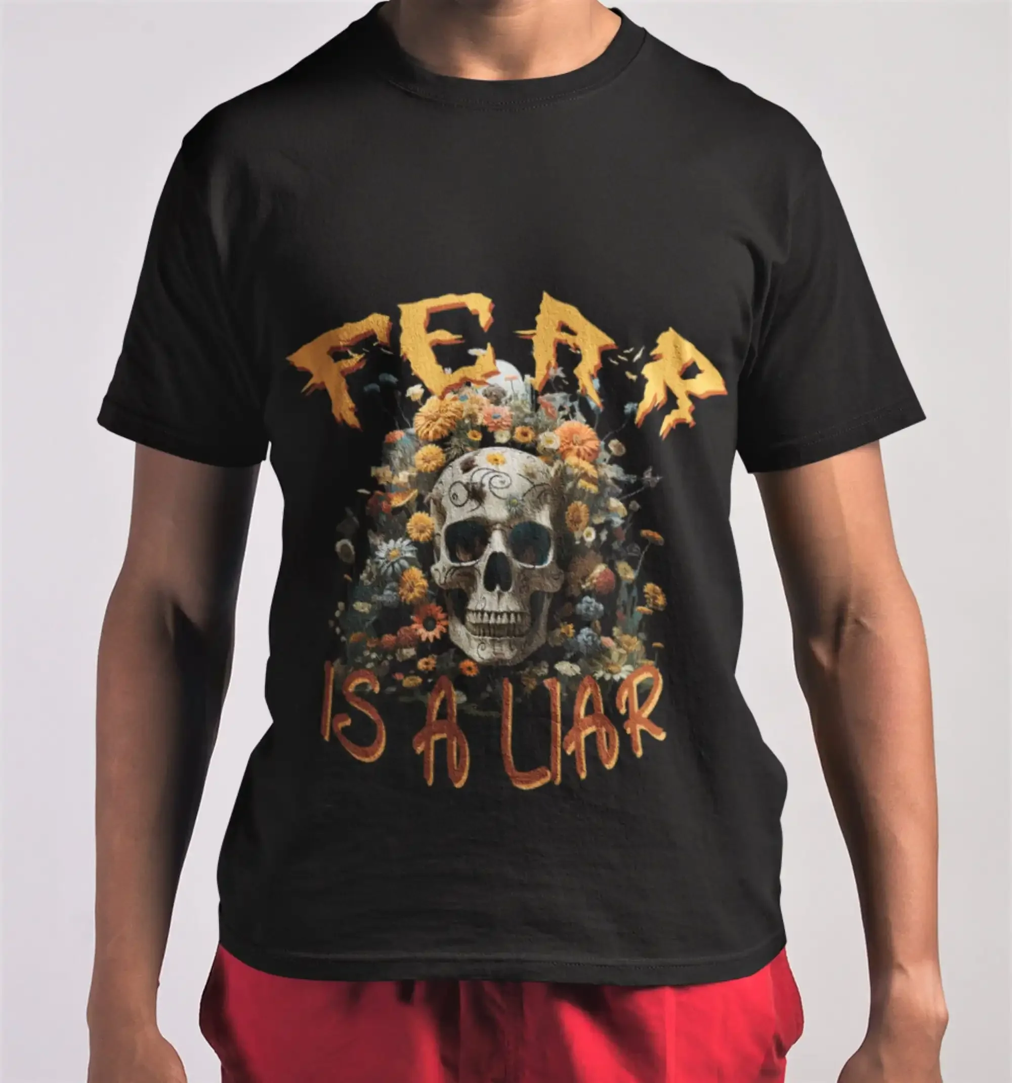 Fear is a liar T Shirt Heavy Cotton Faith over Bible verse tee Inspirational quote Skull and flowers top