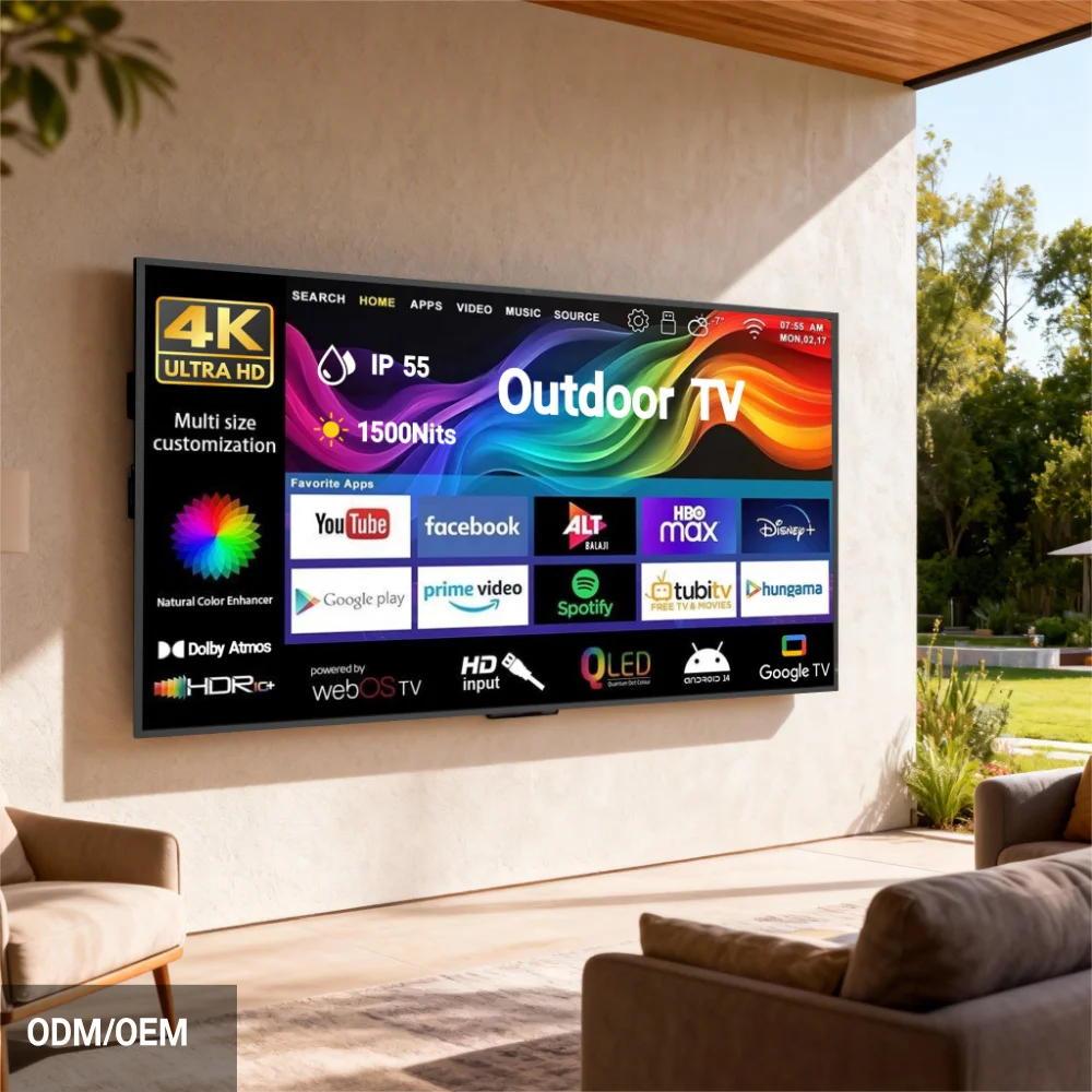Full Sun IP55 Waterproof TV Commercial-grade 1500nits 4k HD 65 Inch All Metal Housing Outdoor TV with CMS OEM