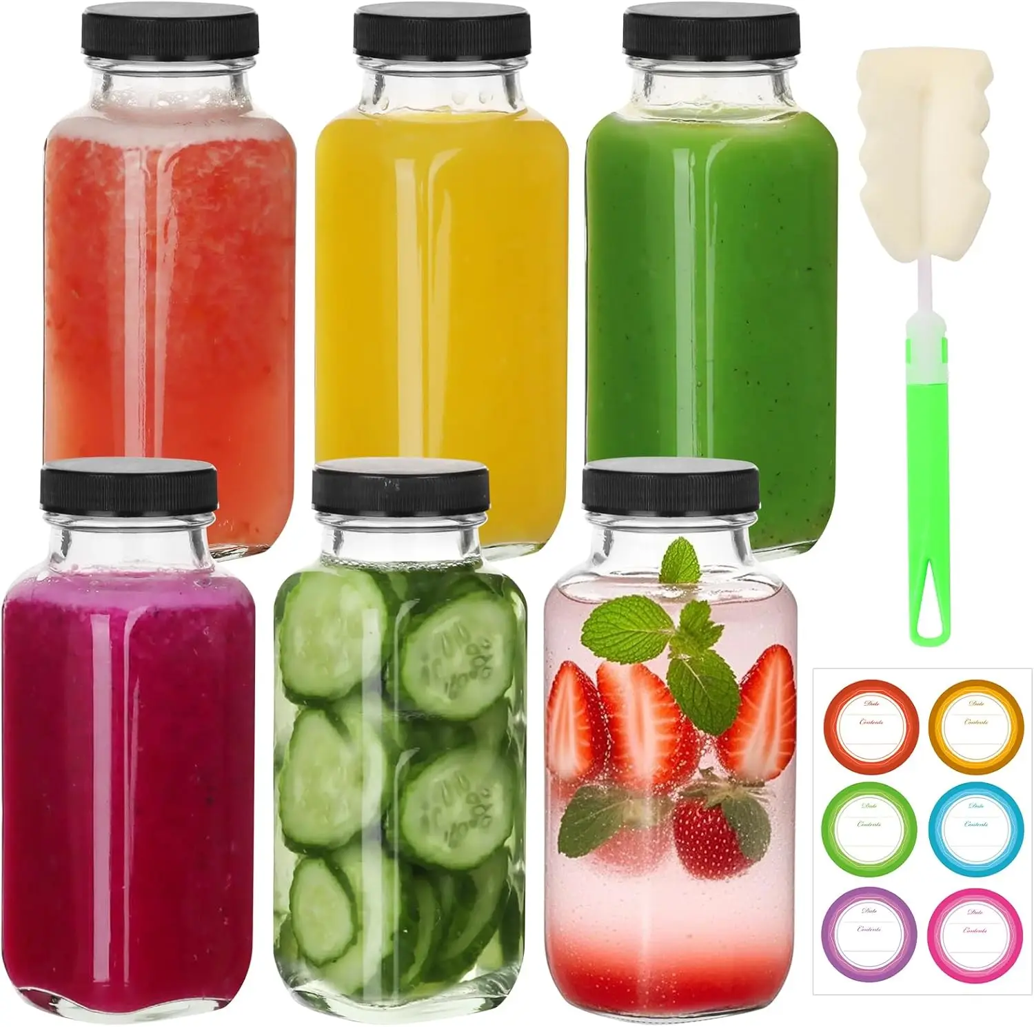 

6-Pack 8oz Glass Juice Bottles with Lids, Square Drinking Jars for Coffee, Milk, Tea, Travel