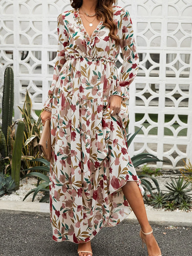 Floral Print Long Dress Women Autumn Long Sleeve V Neck Ruffle Dress Boho Vinatge Casual Maxi Dress Elegant Loose A Line Dress