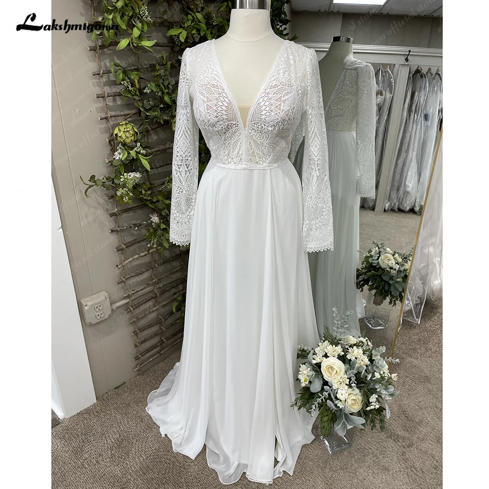 Roycebridal Bohemian V คอแขนยาวชุดแต่งงานลูกไม้ Appliqued ชีฟองชุดเจ้าสาวสําหรับผู้หญิง Robe Vestidos ที่กําหนดเอง