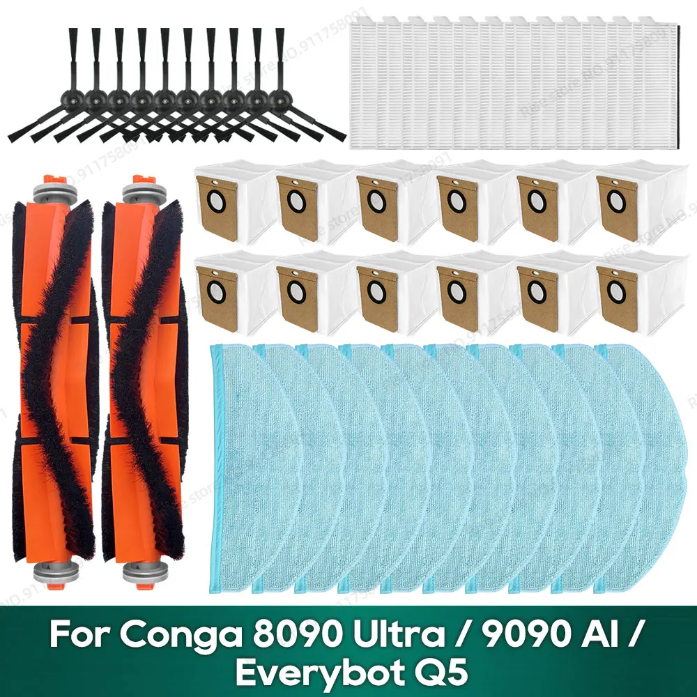 Kompatibel für Conga 8090 Ultra/9090 AI, Everybot Q5 Zubehör Hauptbürste Filter Mopp Tuch Staubbeutel Ersatzteile