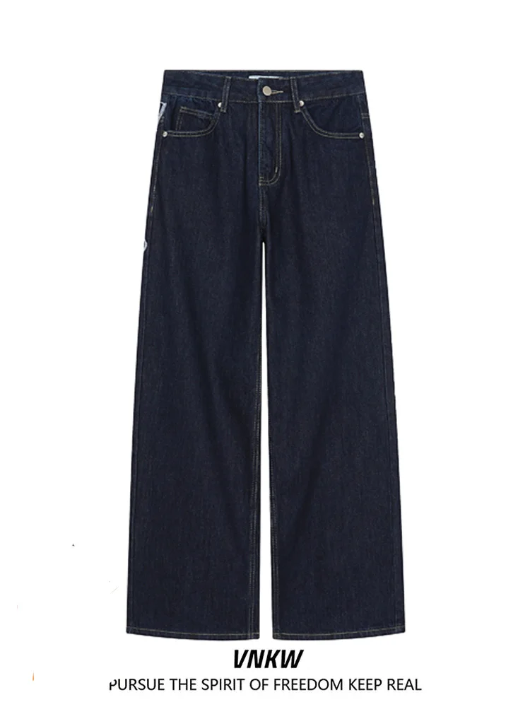 

Свободные прямые джинсы с высокой талией в американском стиле ретро, синие повседневные широкие длинные брюки с вышивкой букв, молодежная мода