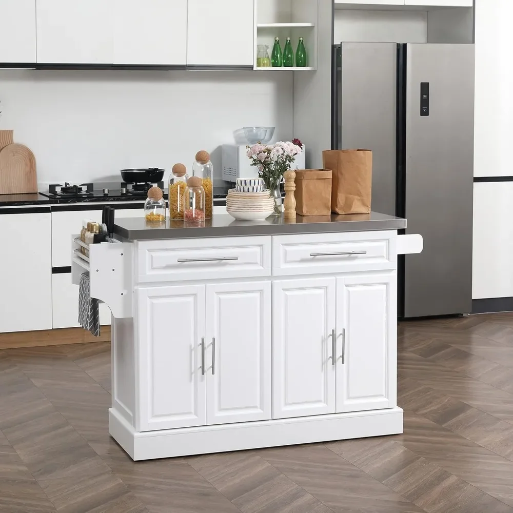 Kitchen Island with Storage, Portable Kitchen Cart with Stainless Steel Top, 2 Drawers, Spice, Knife and Towel Rack and