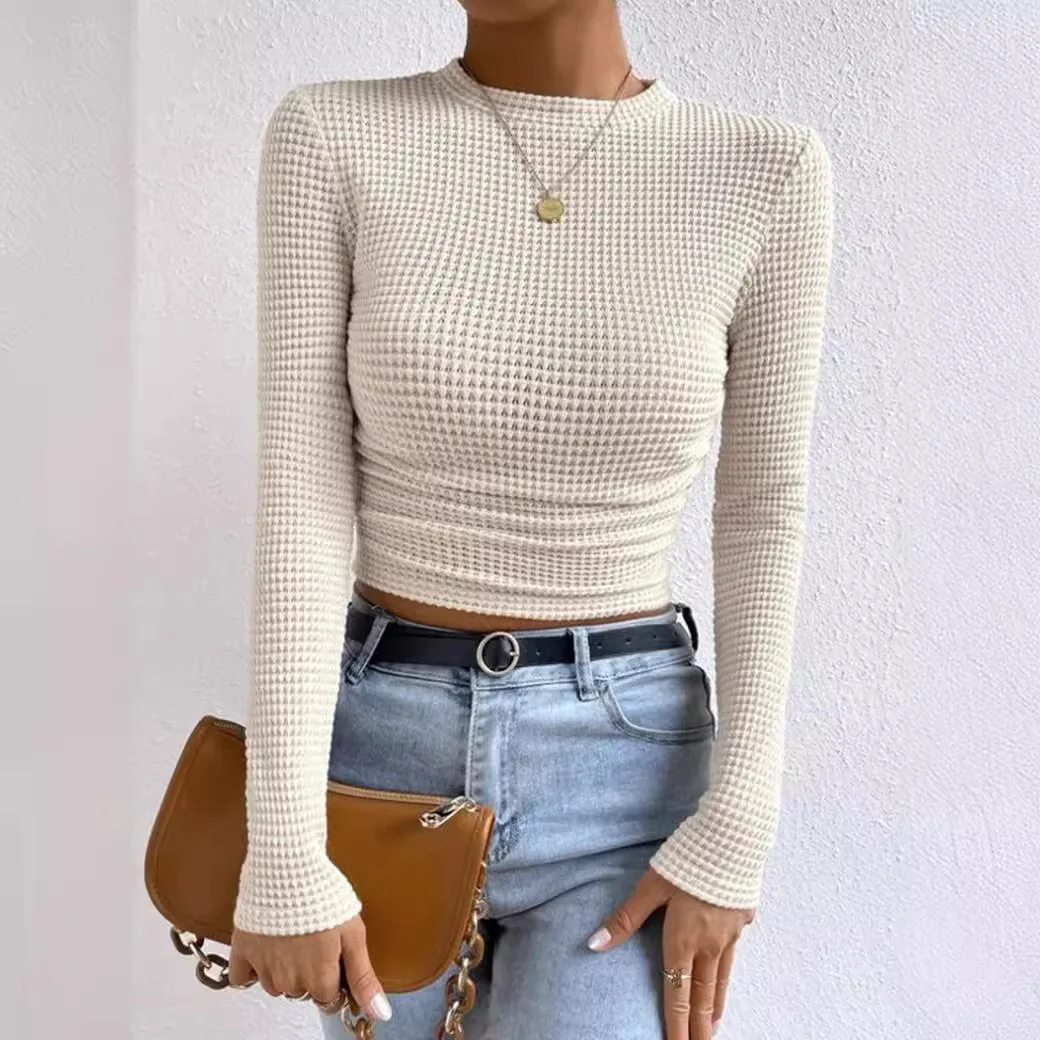 2024 Autumn Women'S Solid Knit Pleated Side Long Sleeve T-Shirt Long Sleeves Solid Slim Tees All Match Basic Tops Undershirt